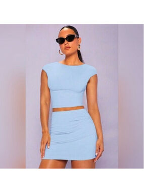 SheinBae Light Blue Two-Piece Set Women's Crop Top & Ruched Mini Skirt, Medium